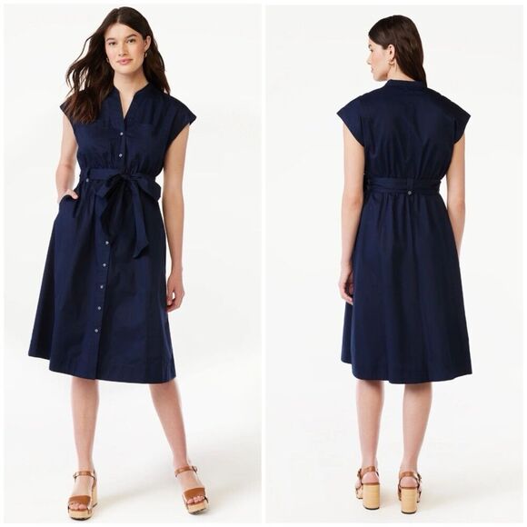 Free Assembly Midi Shirt Dress Short Sleeves Small Cotton Casual V Neck - Picture 1 of 11